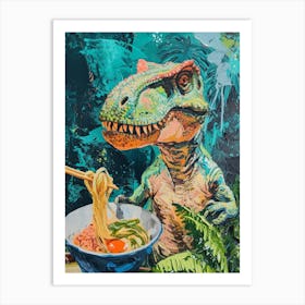 Dinosaur Eating Ramen Blue Brushstroke 2 Art Print