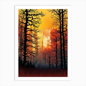 Forest At Sunset,   Forest bathed in the warm glow of the setting sun, forest sunset illustration, forest at sunset, sunset forest vector art, sunset, forest painting,dark forest, landscape painting, nature vector art, Forest Sunset art 2, trees, pines, spruces, and firs, orange and black.  Art Print