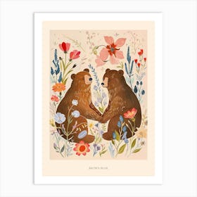 Folksy Floral Animal Drawing Brown Bear 4 Poster Art Print