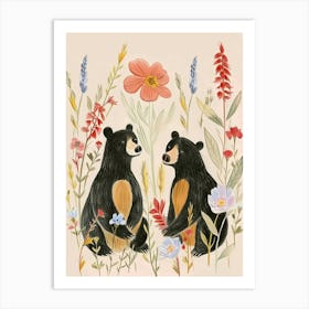 Folksy Floral Animal Drawing Black Bear Art Print
