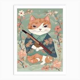 Cute Samurai Cat In The Style Of William Morris 3 Art Print