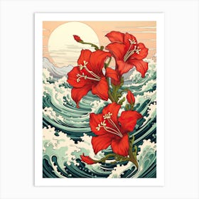 Great Wave With Amaryllis Flower Drawing In The Style Of Ukiyo E 3 Art Print