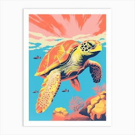 Orange Sea Turtle In The Ocean With Coral Art Print