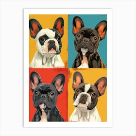 Fluffy Cartoon French Bulldogs Drawing, White Background In Different Color Squares Póster