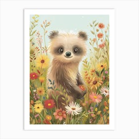 Sloth Bear Cub In A Field Of Flowers Storybook Illustration 2 Art Print