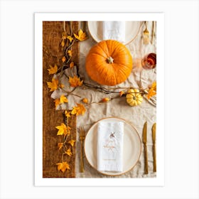 Autumn Themed Dinner Table Centerpiece Of Intertwined Golden Orange Pumpkin Vines Scattered Leaves Art Print