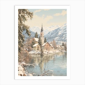 Vintage Winter Illustration Lake Bled Slovenia 2 Art Print