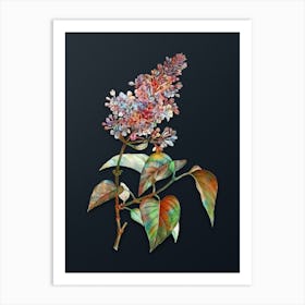 Vintage Common Pink Lilac Plant Botanical Watercolor Illustration on Dark Teal Blue n.0929 Art Print