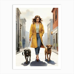 Woman Walking Her Dogs art print Art Print