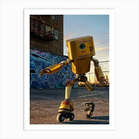 Frightened Robot On Roller Skates Head Shaped Like A Gold Aluminum Can Wide Eyed Expression Arms Art Print