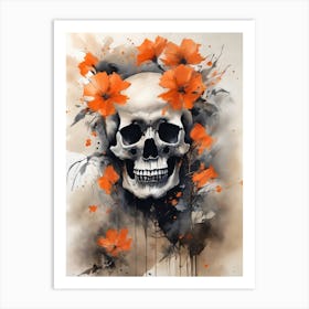 Abstract Skull Orange Flowers Painting (2) Art Print