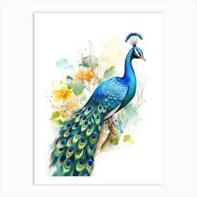 A Peacock Watercolour In Autumn Colours 2 Art Print