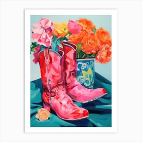 Oil Painting Of Pink And Red Flowers And Cowboy Boots, Oil Style 11 Art Print