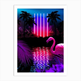 Neon landscape: Neon pillars & flamingo [synthwave/vaporwave/cyberpunk] — aesthetic retrowave neon poster Art Print