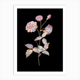 Stained Glass Vintage China Rose Mosaic Botanical Illustration on Black n.0313 Art Print