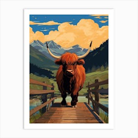 Brown Bull Crossing The Bridge Art Print