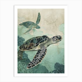 Two Turtles Exploring The Ocean Vintage Illustration Art Print