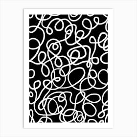 White Swirl Doodles On A Black Background Art Print