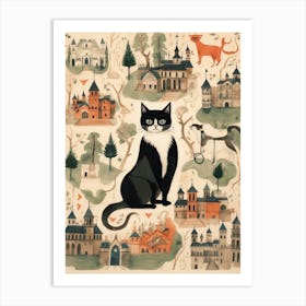 Wide Eyed Cat With Medieval Churches Art Print