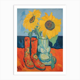 Painting Of Sunflower Flowers And Cowboy Boots, Oil Style 2 Art Print