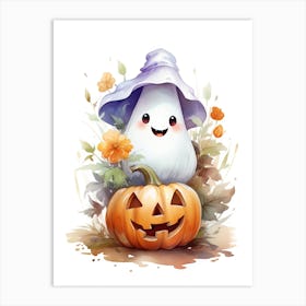 Cute Ghost With Pumpkins Halloween Watercolour 153 Art Print