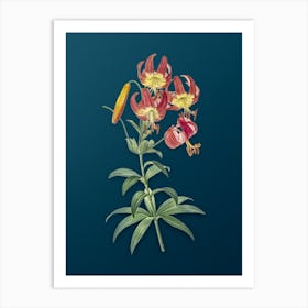 Vintage Turban Lily Botanical Art on Teal Blue n.0833 Art Print