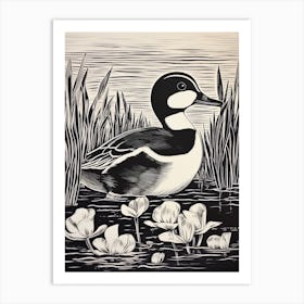 B&W Bird Linocut Bufflehead 3 Art Print