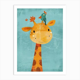 Small Joyful Giraffe With A Bird On Its Head 19 Art Print