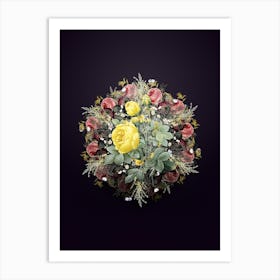Vintage Yellow Rose Flower Wreath on Royal Purple n.0206 Art Print