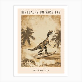 Vintage Plateosaurus Dinosaur On A Surf Board 3 Poster Art Print
