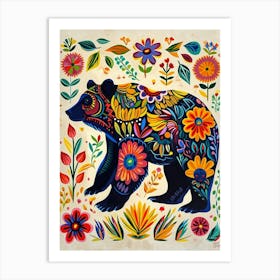 Colourful Floral Folky Bears 3 Art Print