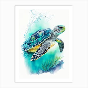 Sea Turtle In Deep Ocean, Sea Turtle Watercolour 2 Art Print
