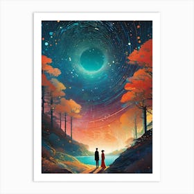 Romantic Couple Under The Stargate ~ Futuristic Sci-Fi Trippy Surrealism Modern Digital Mandala Awakening Fractals Spiritual Artwork Psychedelic Colorful Cubic Abstract Portal Entrance To Another Universe Art Print