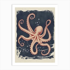 Red Octopus Making Bubbles Linocut Style Art Print