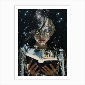 cosmic portrait of a woman reading a glittering book in the style of cosmic surrealism Art Print
