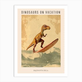 Vintage Deinonychus Dinosaur On A Surf Board 3 Poster Art Print
