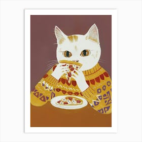 White Cat Pizza Lover Folk Illustration 4 Art Print