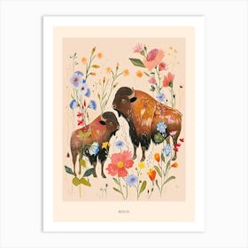 Folksy Floral Animal Drawing Bison 4 Poster Art Print