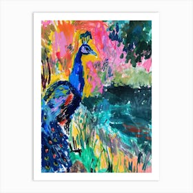 Peacock By The Pond Wild Brushstrokes 1 Art Print