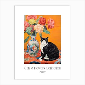 Cats & Flowers Collection Peony Flower Vase And A Cat, A Painting In The Style Of Matisse 1 Art Print