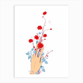 impure hand, Flowers In The Hand, vector art, digital art, flower portrait, hand and flowers, red flowers, flowers and vines Art Print