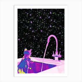 Cat In The Kitchen Sink Looking At The Universe Glitter Art Print