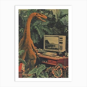 Dinosaur At A Computer Retro Collage 1 Art Print