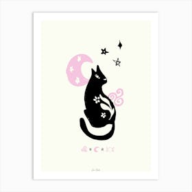 Magic Black Cat With Moon And Stars Pink Art Print