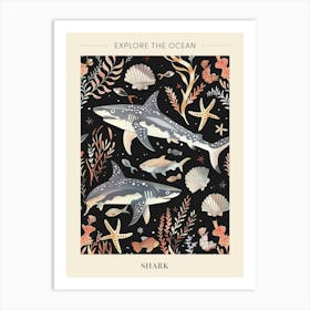Shark Seascape Black Background Illustration 1 Poster Art Print