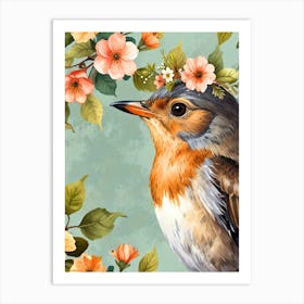 Robin With Flowers Art Print