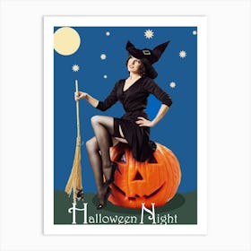 Pinup Witch On A Big Pumpkin At A Halloween Moon Art Print