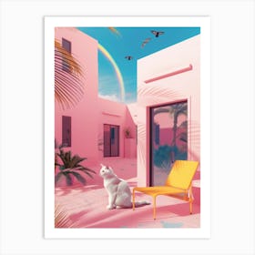 Pink House With A Cat Art Print