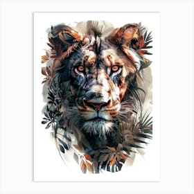 Double Exposure Realistic Lion With Jungle 17 Art Print