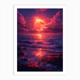 Red Moon Over The Ocean Art Print